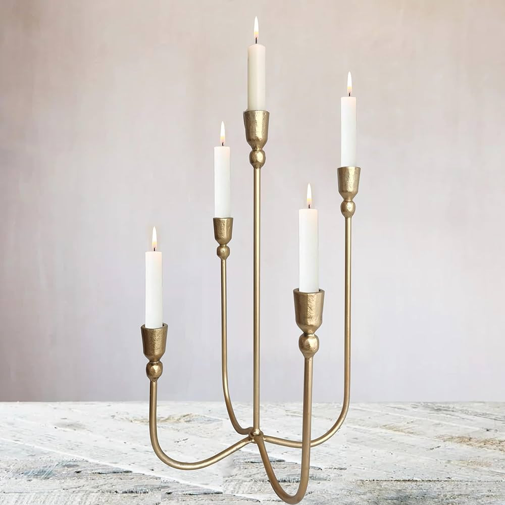 Iron Tabletop Candelabra - Decorative Metal Candelabra Candle Holder, 5 French Dinner Candles (Di... | Amazon (US)