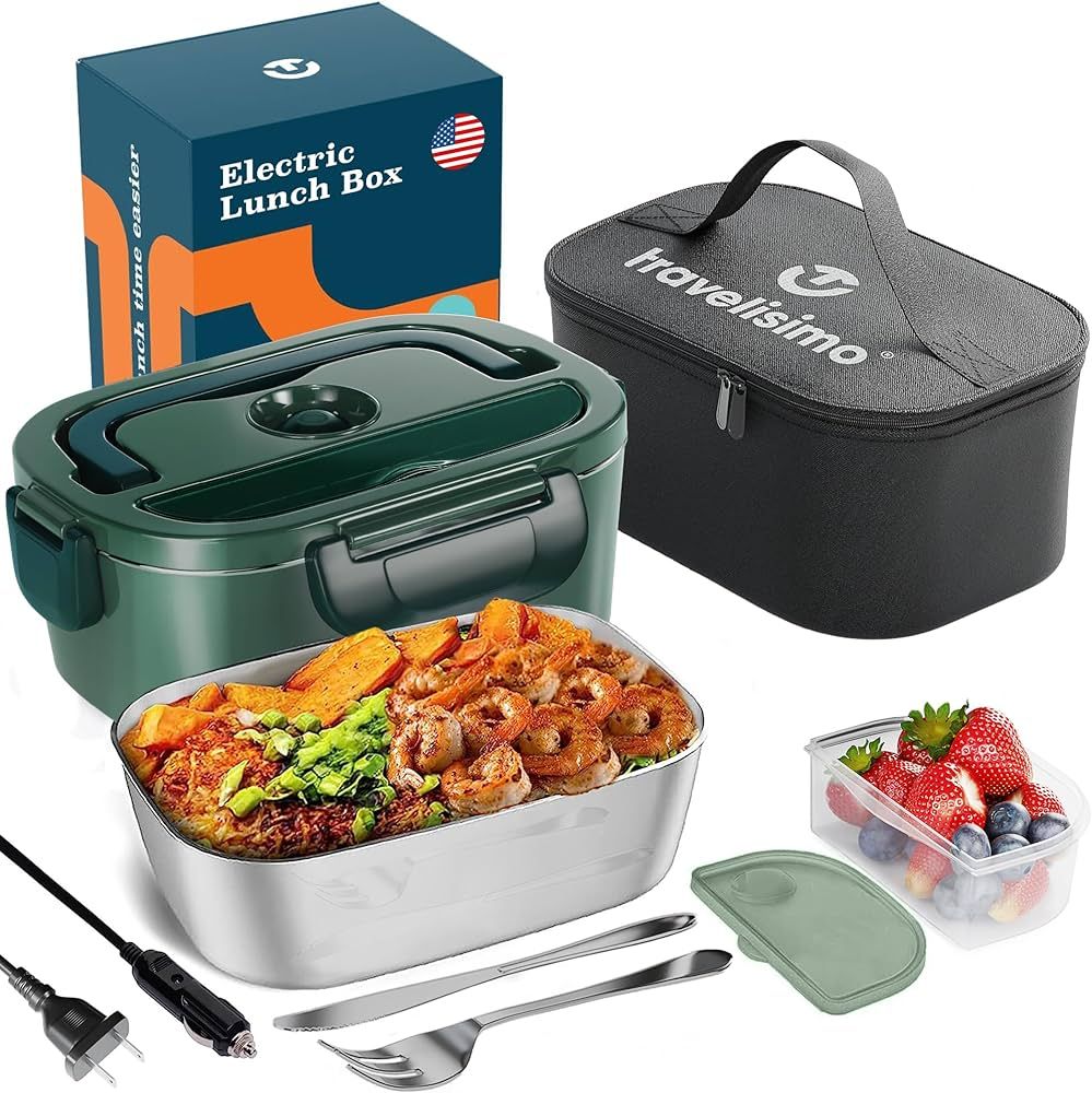 TRAVELISIMO Electric Lunch Box for Adults 80W, Fast Portable Heated Lunch Box Food Warmer 12/24/110V, Leakproof, SS Container, Heating for Car Truck Work, Loncheras Electricas para Calentar Almuerzo | Amazon (US)