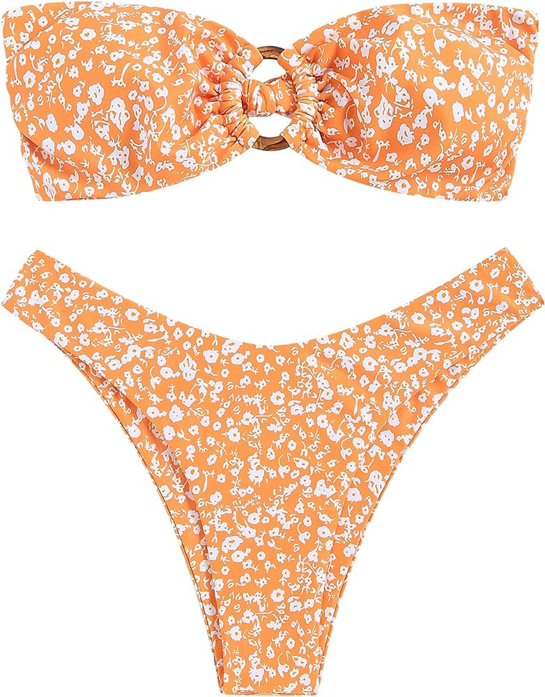 ZAFUL Women's Bandeau Bikini O Ring Strapless Tie Back High Cut Two Piece Swimsuit Bathing Suits | Amazon (US)
