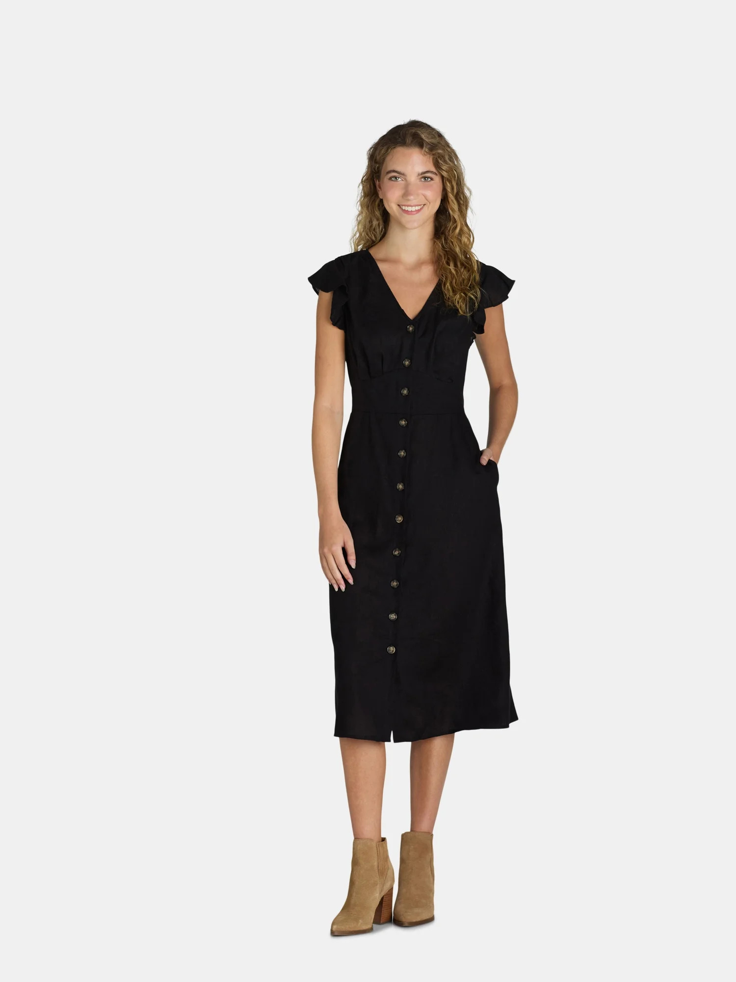 Time and Tru Women's and Women's Plus Midi Dress with Flutter Sleeves, Sizes XS-4X | Walmart (US)