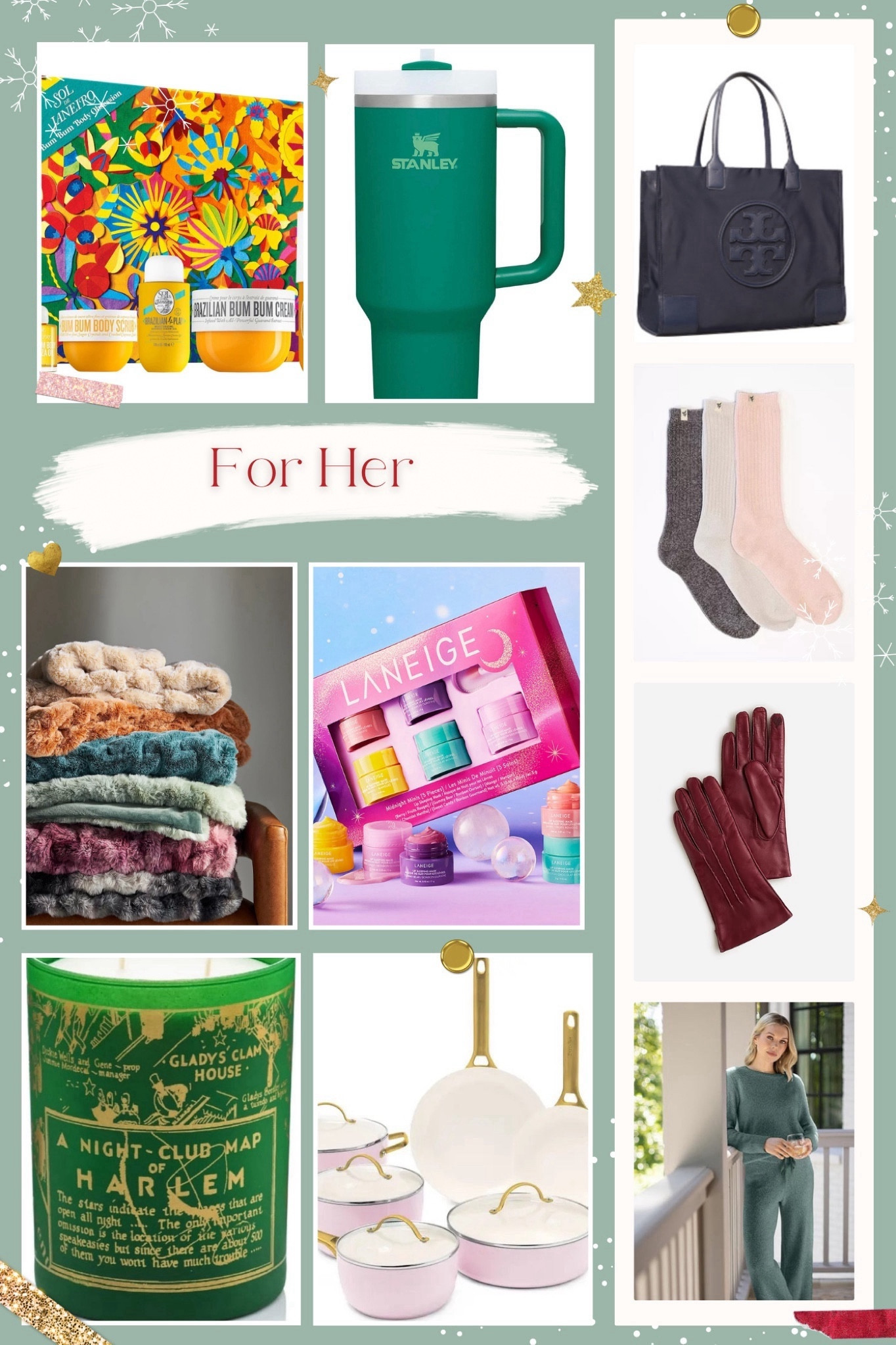 Gifts for Her - Browse a variety of gifts for the person who does a lot and asks for little. 

Softies Lounge Set
Bum Bum Cream
Stanley H2O Flow
Cozy Earth Slouch Socks
Laneige Minis Variety Pack
Italian Leather Tech Touch Gloves
Tory Burch Tote Bag
Faux Fur Blankets
Harlem Candle Co
Green Pan Reserve Pan Set

#LTKHoliday #LTKGiftGuide #LTKhome