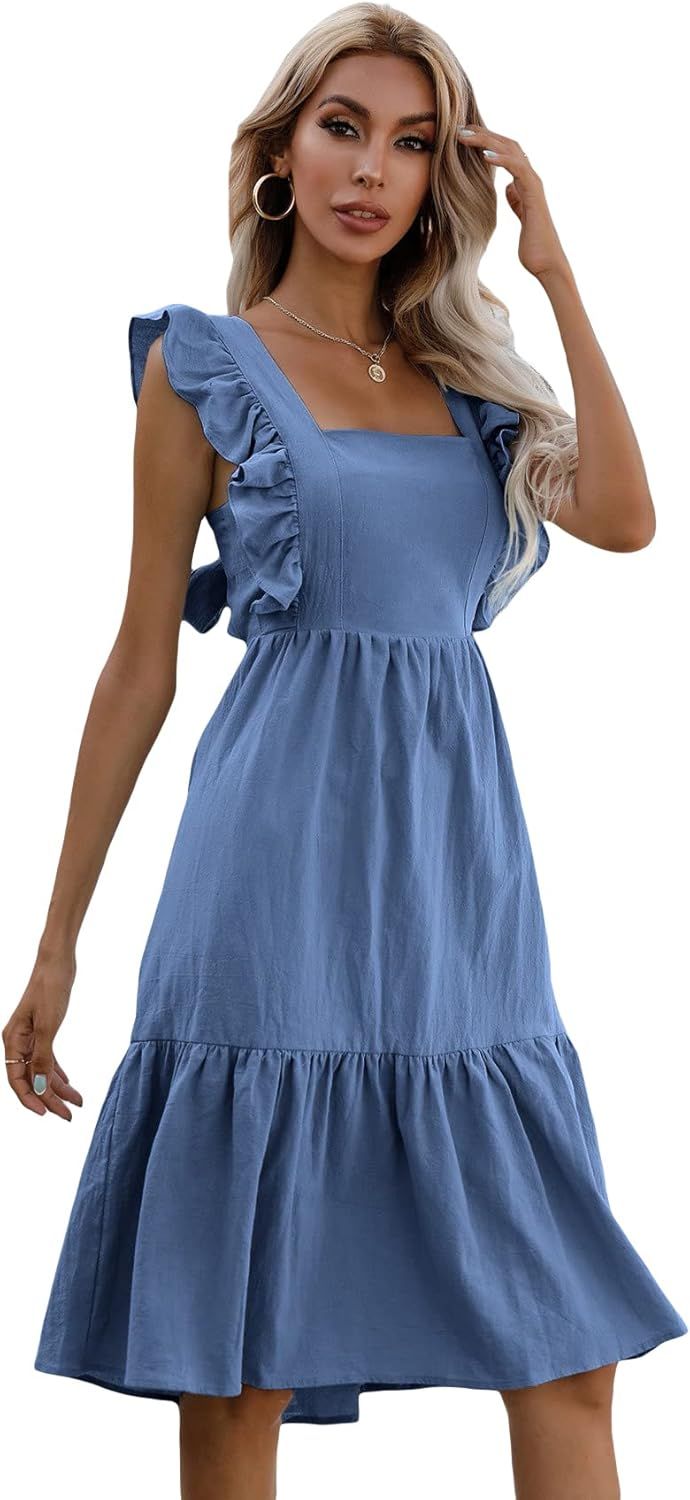 OYOANGLE Women's Tied Back Sleeveless Ruffle Hem A Line High Waist Solid Summer Midi Dress | Amazon (US)