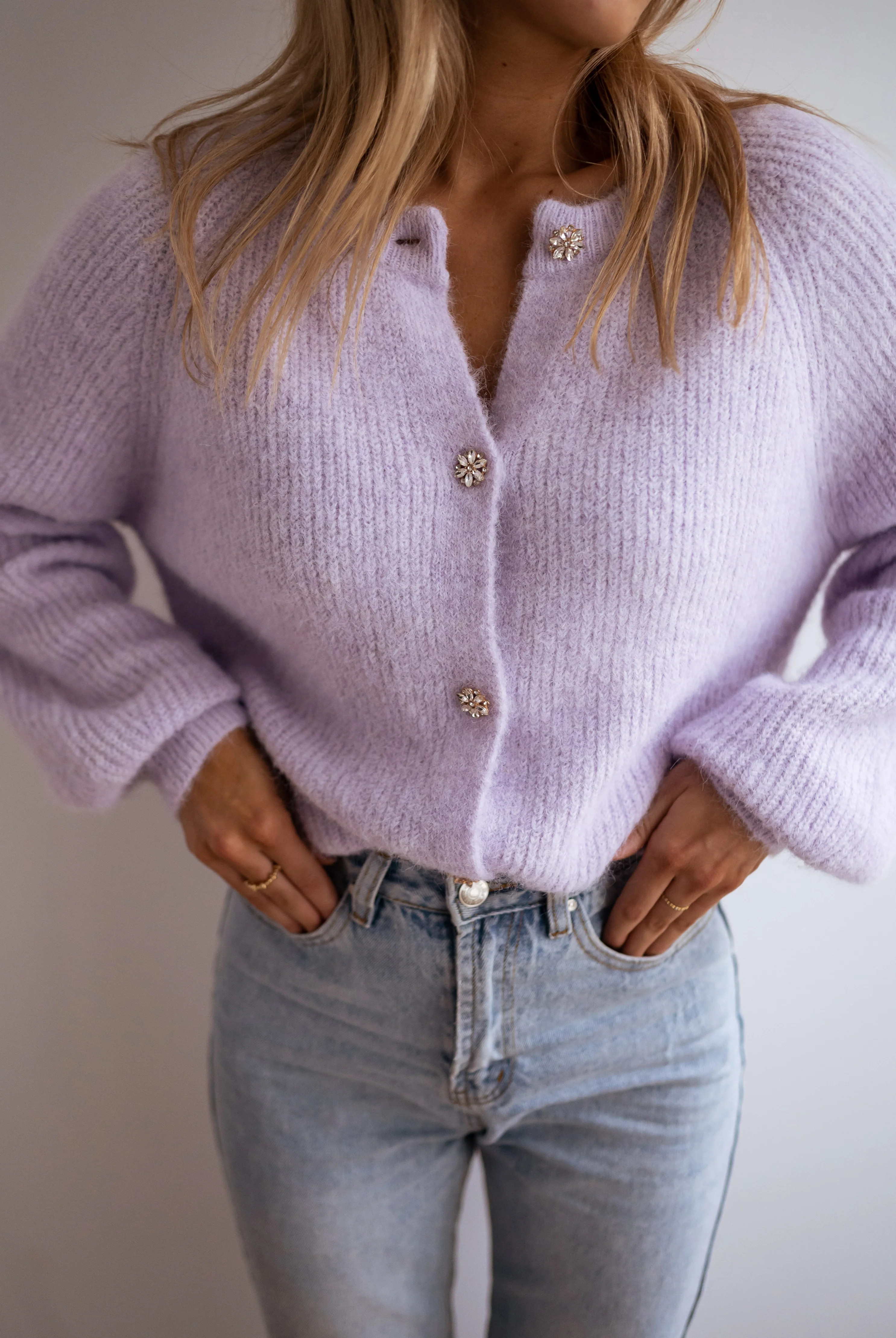 Lilac Isa Cardigan with Shiny Buttons | Easy Clothes