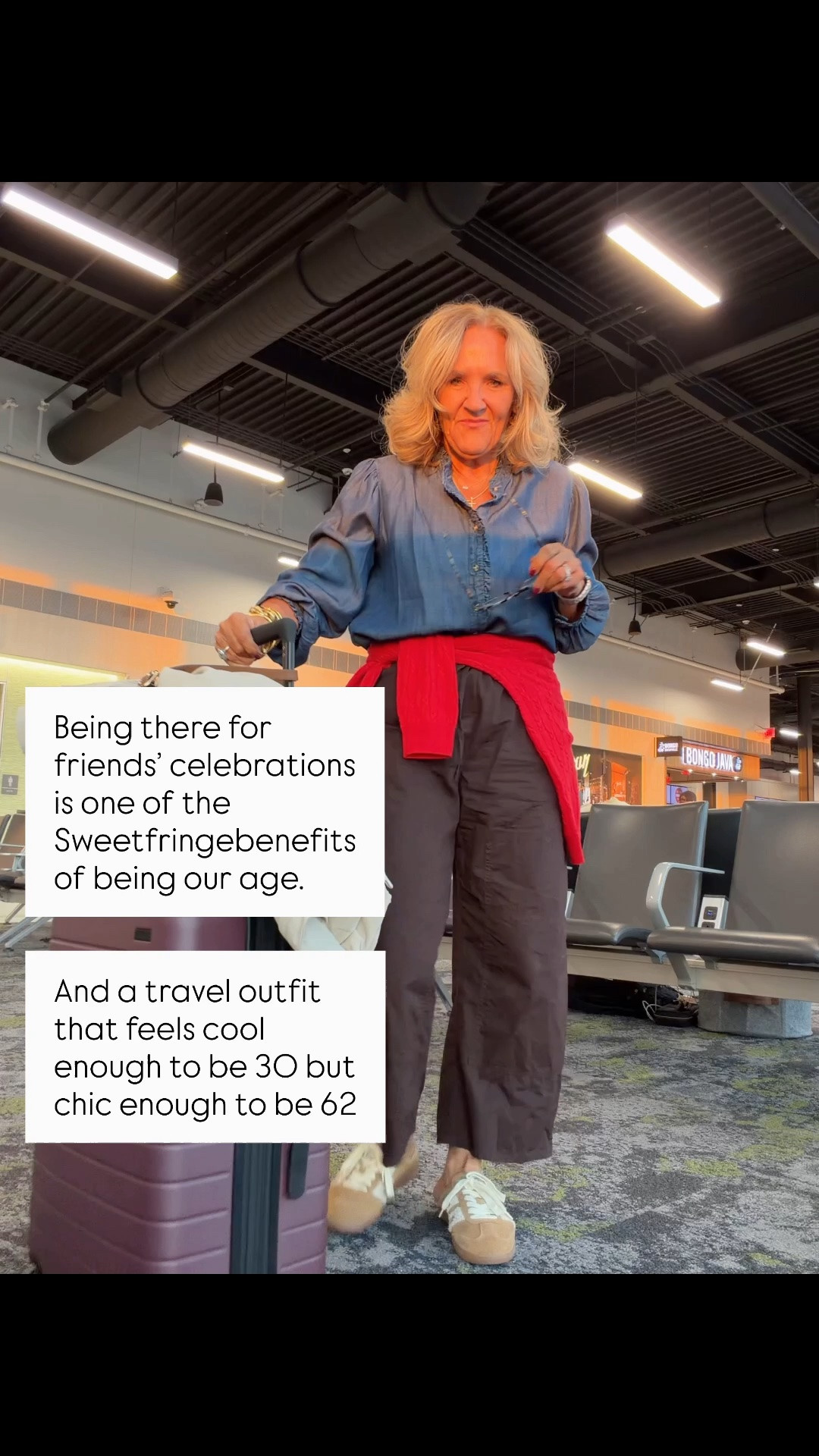 Travel outfit today. Quick hop to Texas. 
Chambray Tencel blouse medium 
Poplin drawstring pants size small yes size down 
I’ll link a few red sweaters 
It’s going to rain in Texas. Bringing my raincoat! I wear the petite medium

#LTKOver40 #LTKootd #LTKTravel
