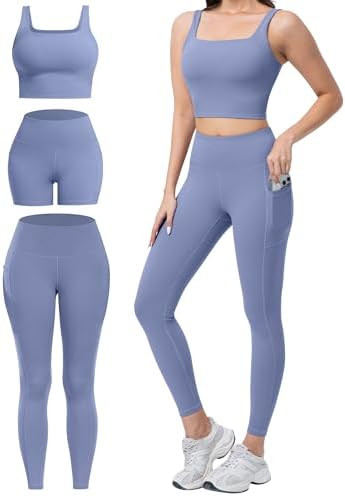 3 Piece Workout Sets for Women High Waisted Leggings with Pockets Tummy Control Biker Shorts Yoga... | Amazon (US)