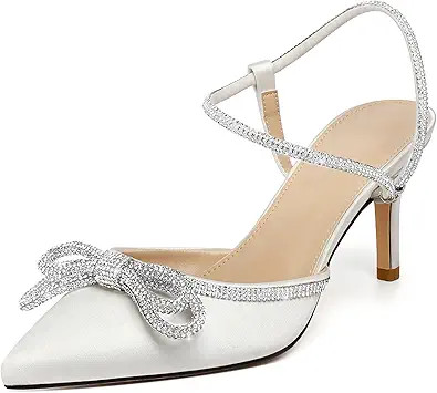Susanny Women's Closed Toe Rhinstone Wedding Low Heel Slingback Clear Kitten Heels,Adjustable Str... | Amazon (US)
