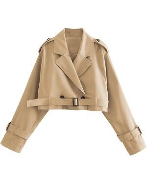Women's Cropped Trench Coat Casual Double Breasted Short Jacket | Lapel Collar Fall Trench Coat w... | Amazon (US)
