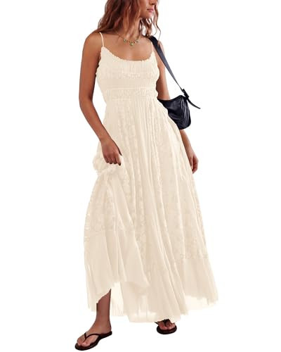 Gacaky Summer Dress for Women Casual Lace Floral Embroidered Bohemian Maxi Dress Flowy A Line Beach Long Dresses Beige Medium | Amazon (US)