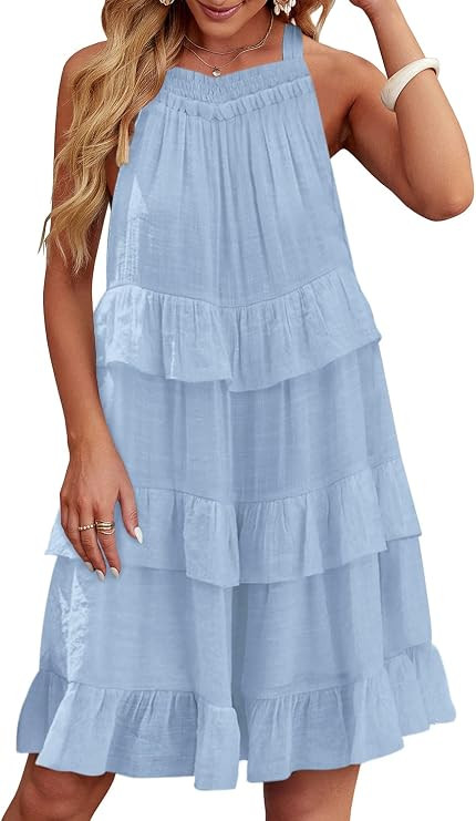 SENSERISE Womens Summer Halter Neck Sleeveless Tiered Babydoll Mini Dress Pleated Flowy Dresses w... | Amazon (US)