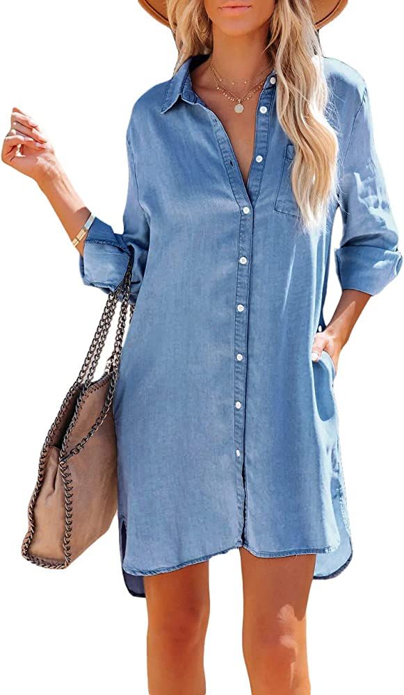 Paintcolors Women's Long Sleeve Silk Denim Button Up Dresses Shirt Tunics Cover-ups Oversized Blo... | Amazon (US)