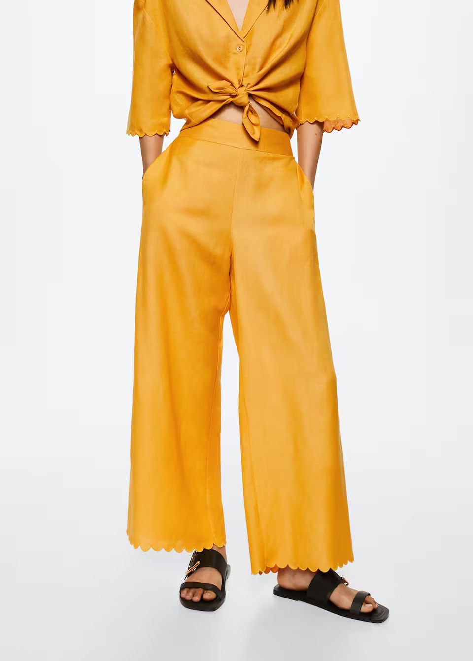 Cropped linen-blend pants | MANGO (US)