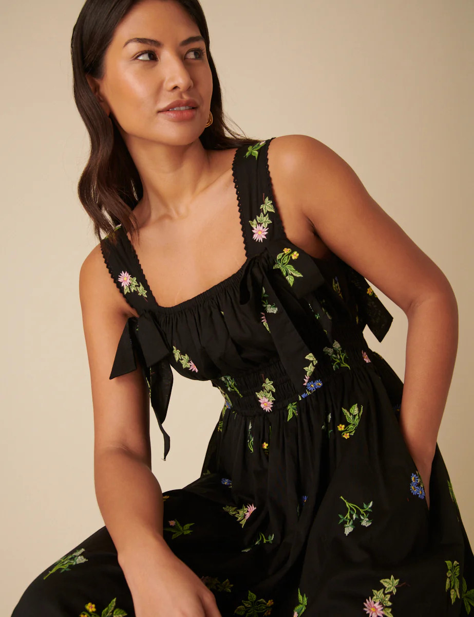 Black Floral Embroidered Dallas Midi Dress | Nobody's Child