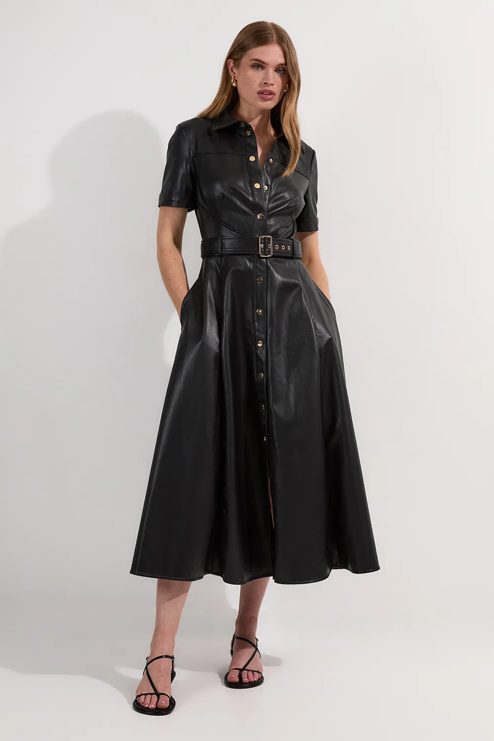 Black Faux Leather Belted Midi Shirt Dress | Karen Millen USA | Karen Millen US