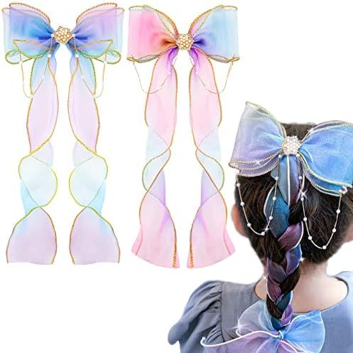 Amazon.com: Gootty Colorful Ribbon Hair Bows for Girls 2 PCS Princess Hair Bows Alligator Clips H... | Amazon (US)