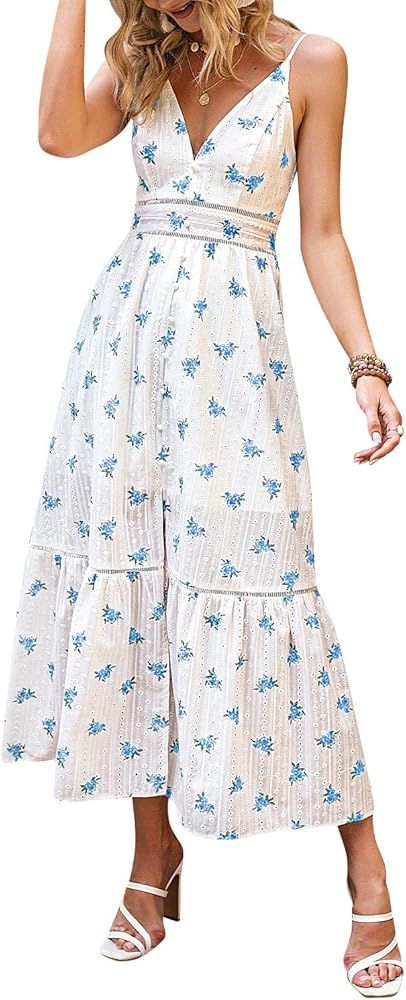 Narspeer Women's Beach Flowy Embroidery Long Dress Summer Spaghetti Straps Floral Maxi Dress | Amazon (US)