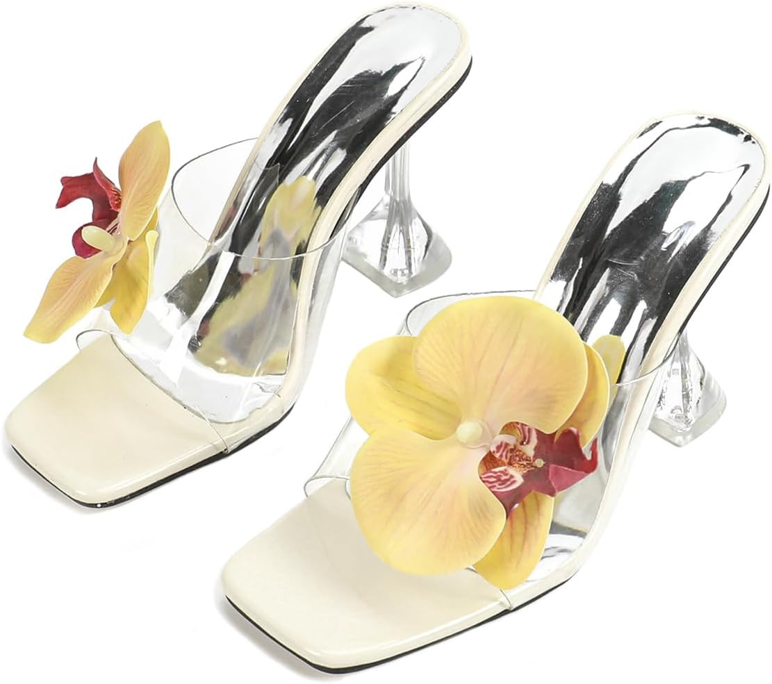 Onlymaker Women's Square Toe Clear Heel Sandals with Flowers | Amazon (US)