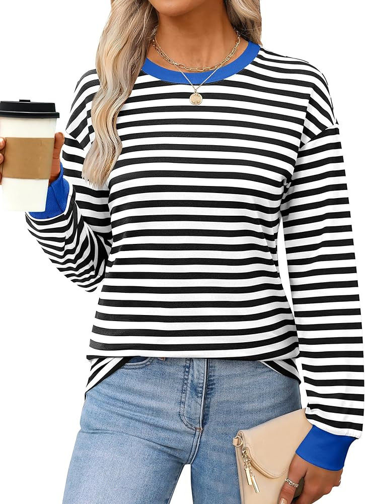 ANRABESS Long Sleeve Shirts for Women Striped Crewneck Loose Fit Tunic Tops 2025 Fall Color Block... | Amazon (US)