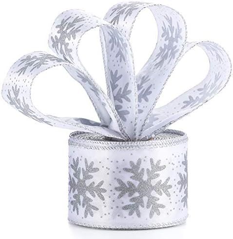 Christmas Snowflake Ribbon Satin Snow Wired Ribbon White/Silver Sheer Xmas Ribbon Glitter Ribbon ... | Amazon (US)