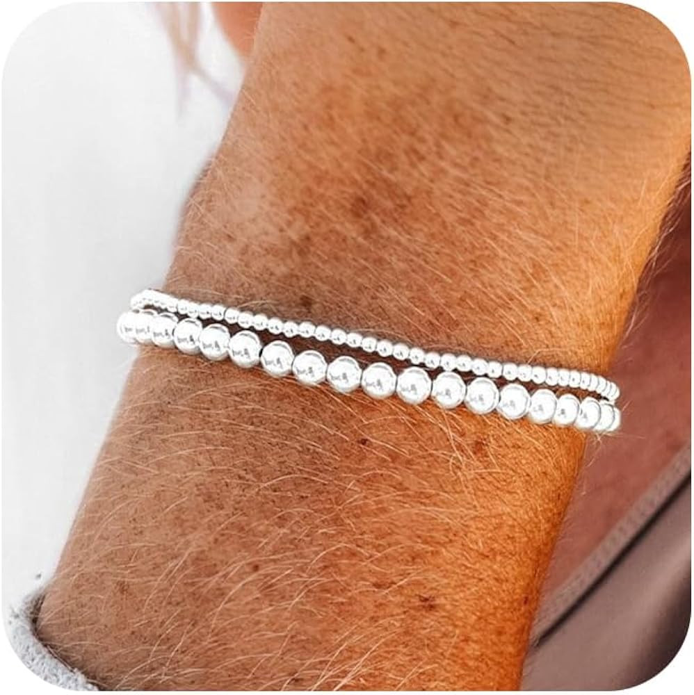 Layered Elastic Stretch 2MM/4MM/6MM Beaded Bracelets - Dainty 14K Gold/Silver Plated Stack Bracel... | Amazon (US)