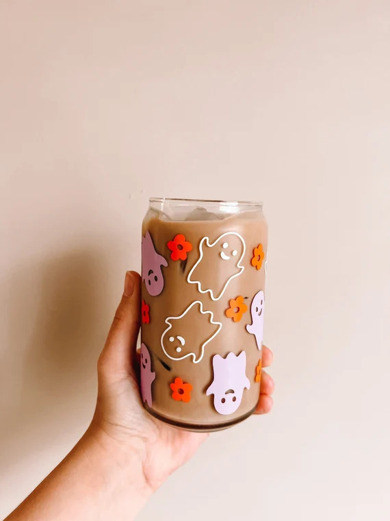 Spooky Ghost and Floral Retro Daisy Iced Coffee Glass  Cute - Etsy | Etsy (US)