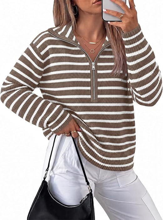 Saodimallsu Womens Striped V Neck Half Zip Sweater Loose Knit Pullover Tops | Amazon (US)