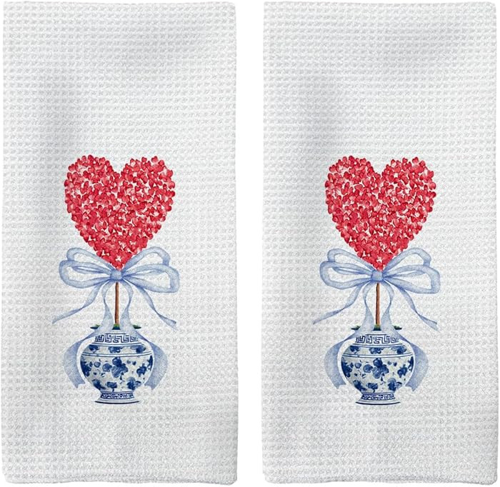 Chinoiserie Red Heart Topiary Valentine's Day Kitchen Towels, Valentines Hand Towels, Blue and Wh... | Amazon (US)