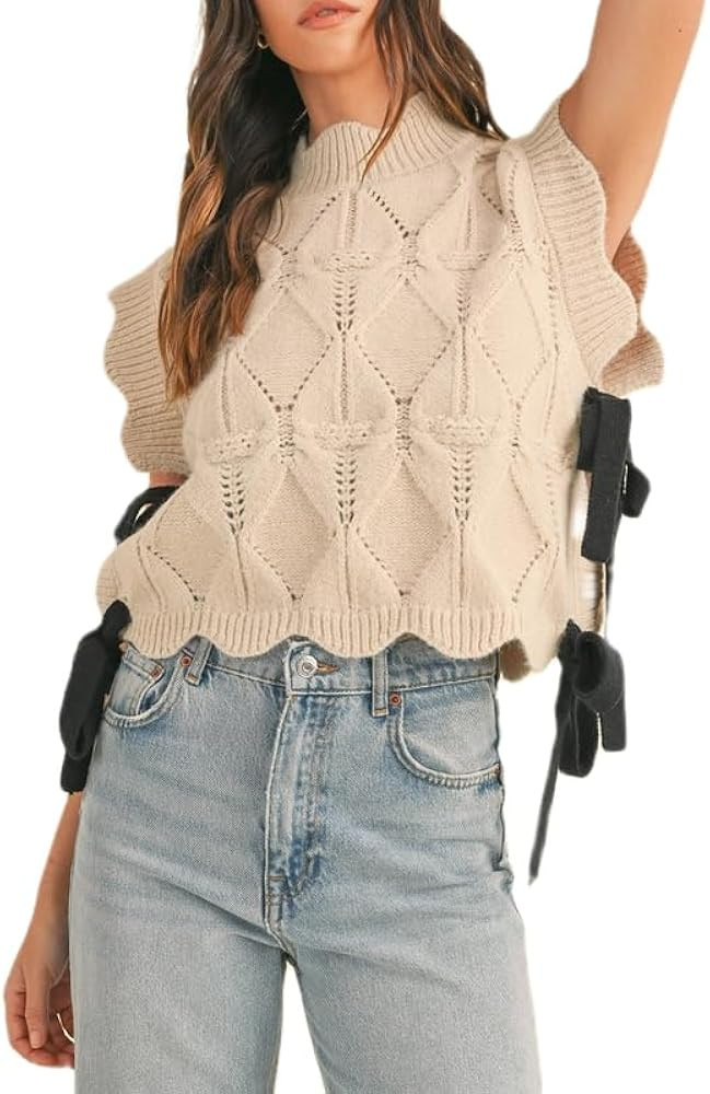 NUFIWI Womens Y2K Ribbon Bow Sweater Vest Chunky Cap Sleeve Knit Vest with Bows Casual Lace Up Ba... | Amazon (US)