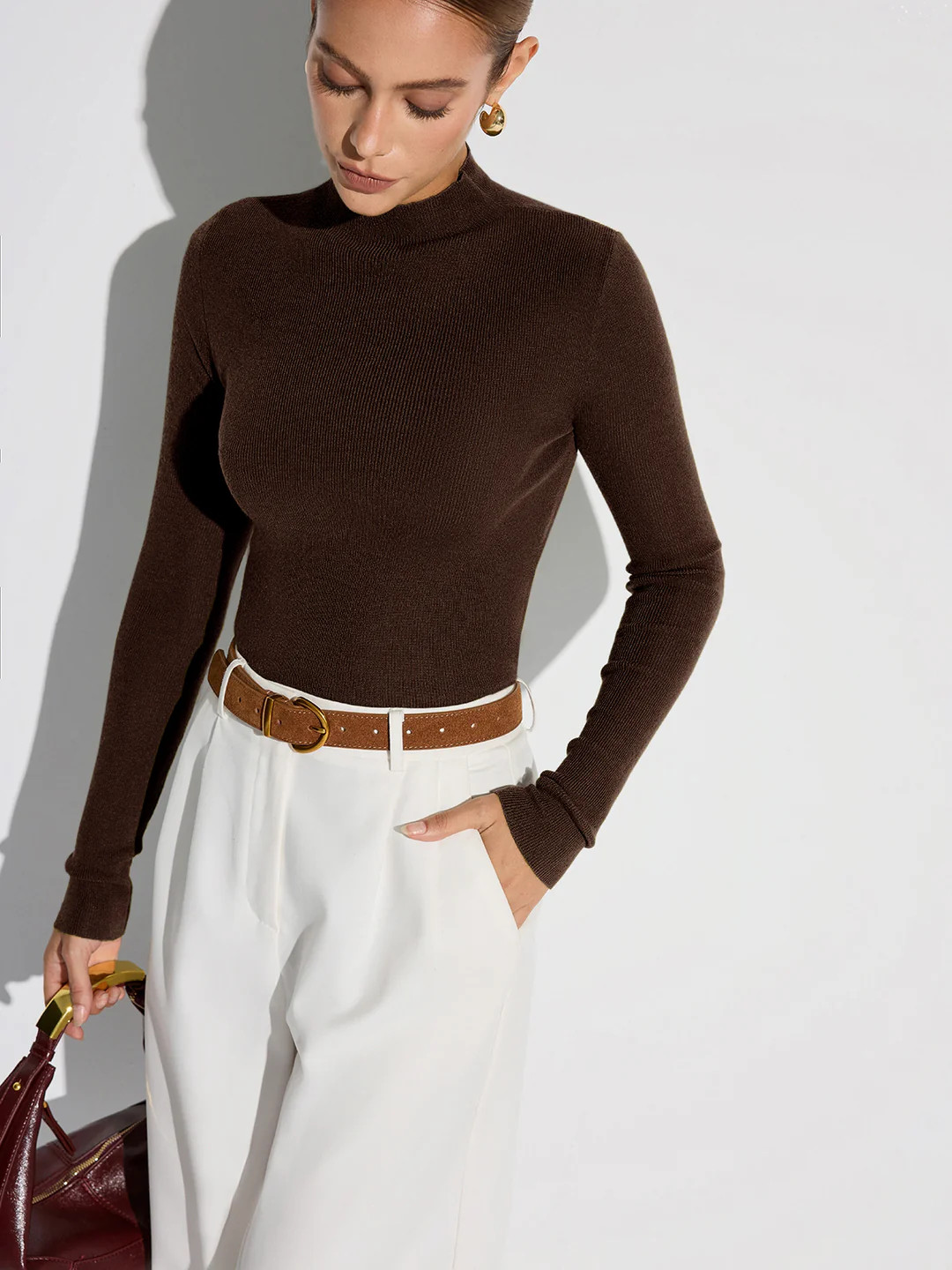 Mock Neck Wool-Blend Knit Top | Commense