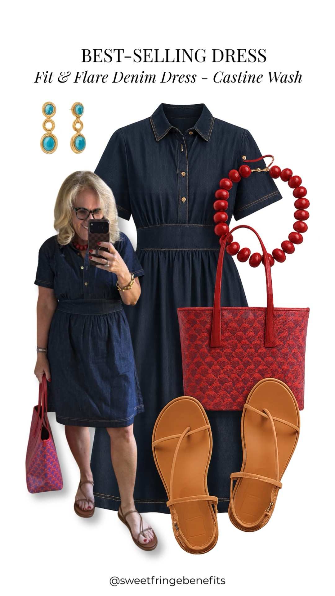 This best-selling fit & flare denim dress is a closet staple you'll wear on repeat! The flattering fit-and-flare silhouette defines the waist while staying comfortable, and the lightweight denim makes it perfect for warm-weather days. I finished the look with a bold red tote and necklace for a fun pop of color.

💡 LTK MADE EASY
❤️ Heart = Support my posts!
📌 Save = Get sale & restock alerts
📋 Lists = Keep favorites organized
📲 Share = Send lists and products to a friend. Hello, Christmas List! 💬
💬 Comment = Ask me anything about sizing or fit. :-)

#LTKootd #LTKOver40 #LTKSaleAlert