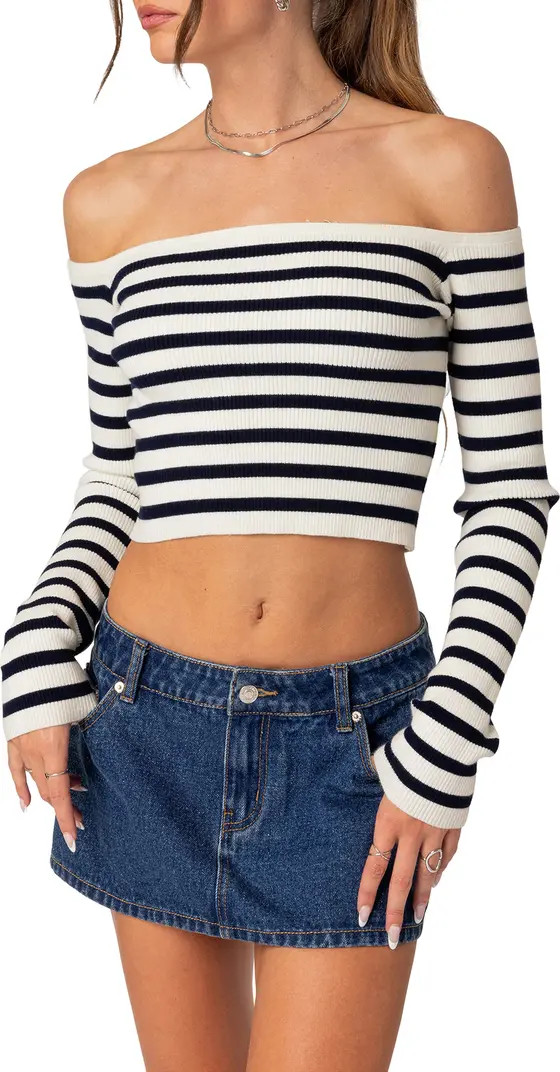 Miranda Stripe Rib Off the Shoulder Long Sleeve Knit Crop Top | Nordstrom