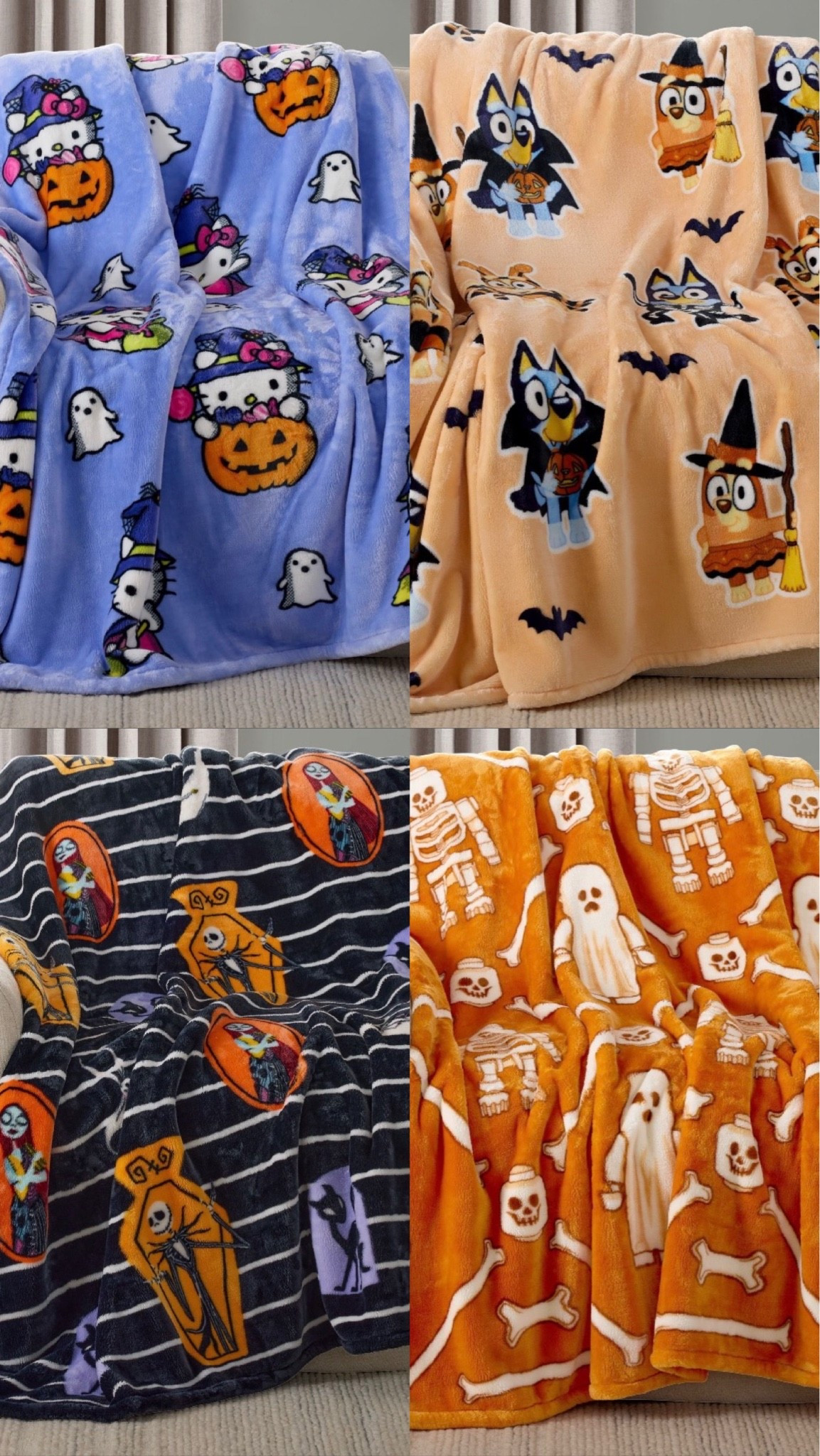 Licensed character Halloween throw blankets. Hello Kitty, Bluey, Nightmare before Christmas, Lego and more! Just under $20!

#LTKKids #LTKHome