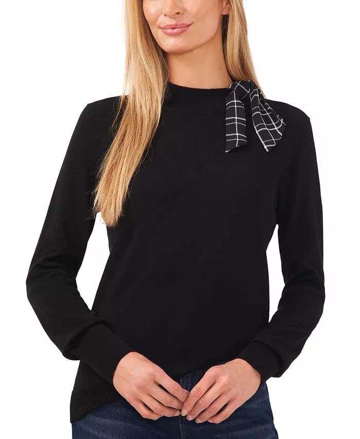 CeCe Women's Mock Neck Sweater with Printed Tie Neck - Macy's | Macy's