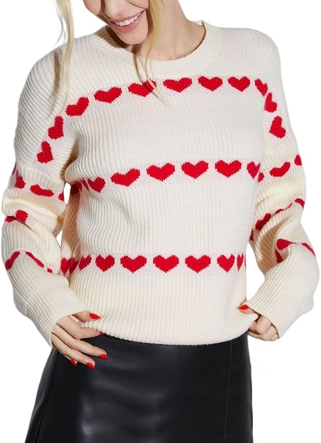 Wyeysyt Valentine Hearts Sweaters Cute Long Sleeve Crewneck Casual Knitted Sweaters Tops | Amazon (US)