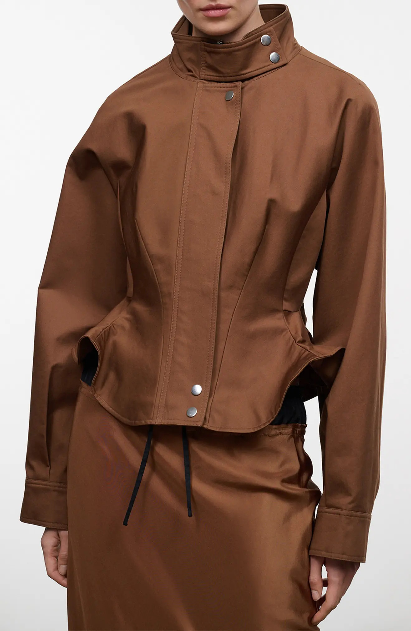 STAUD Archie Cotton Utility Leather Trim Jacket in Cigar at Nordstrom, Size Medium | Nordstrom