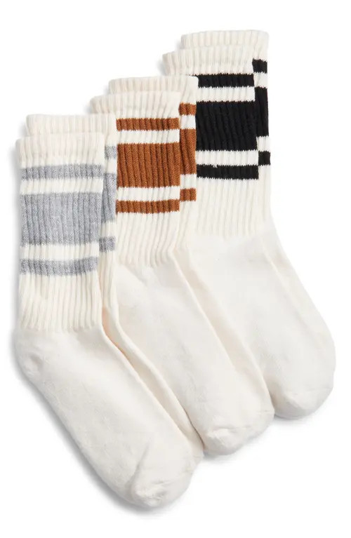 American Trench Assorted 3-Pack Mono Stripe Cotton Blend Crew Socks in Black/Grey/Brown at Nordstrom | Nordstrom