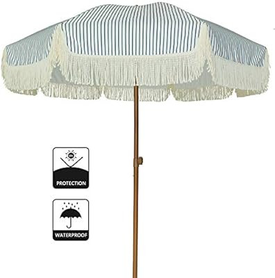 AMMSUN 7ft Patio Umbrella with Fringe Outdoor Yard Umbrella UPF50+ Wood Color Steel Pole and Stee... | Amazon (US)