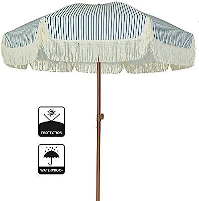 AMMSUN 7ft Patio Umbrella with Fringe Outdoor Yard Umbrella UPF50+ Wood Color Steel Pole and Stee... | Amazon (US)