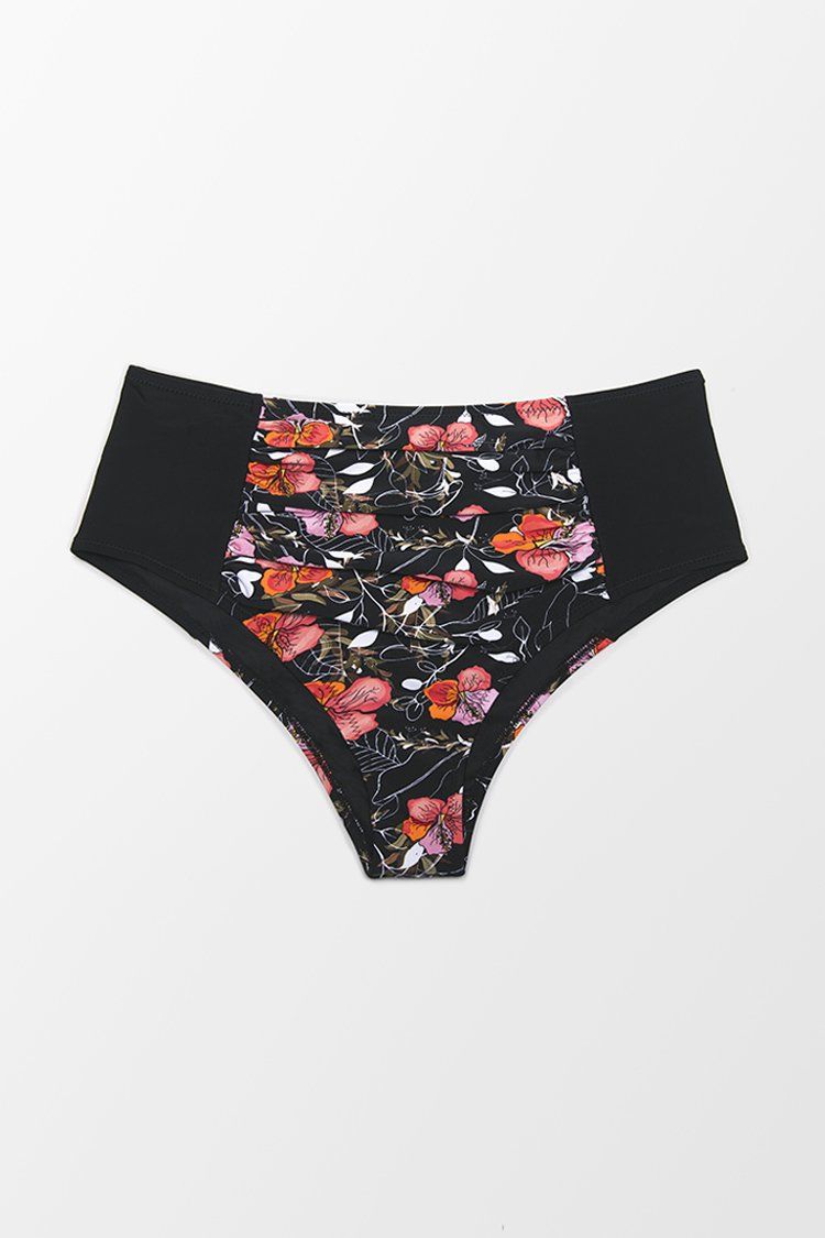 Black Floral High Waisted Plus Size Bikini Bottom | Cupshe