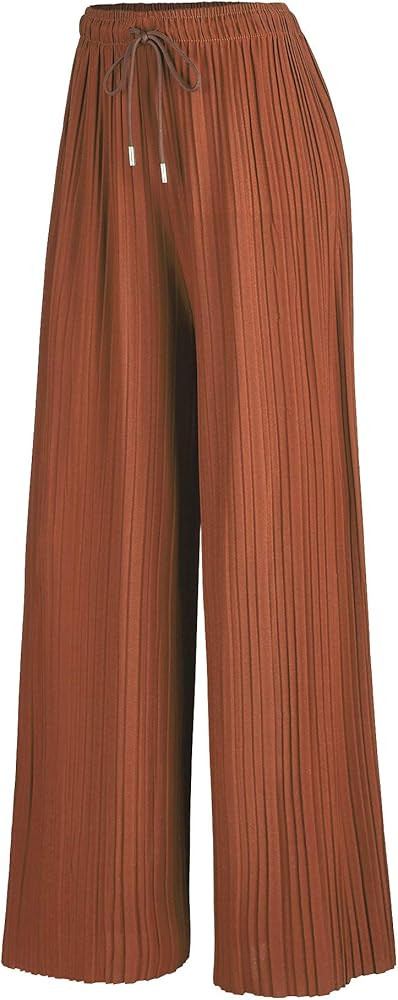 Lock and Love Womens Pleated Wide Leg Palazzo Maxi Pants with Drawstring or Elastic Band | Amazon (US)