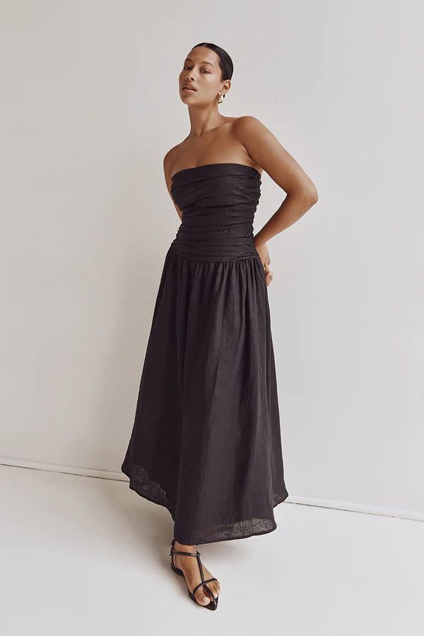 CATANIA BLACK LINEN STRAPLESS DRESS | DISSH