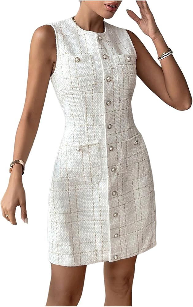 SOLY HUX Women's Plaid Tweed Dress Button Down Crew Neck Sleeveless Work Office Mini Dresses | Amazon (US)