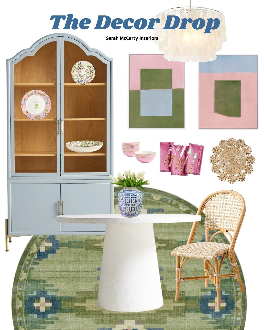 Breakfast nook inspo! 🩷💚 Dining pedestal table, woven dining chair, washable rug, blue storage hutch, colorful statement art, dinnerware, serving bowl, table decor, capiz light, kitchen decorr

#LTKHome #LTKStyleTip