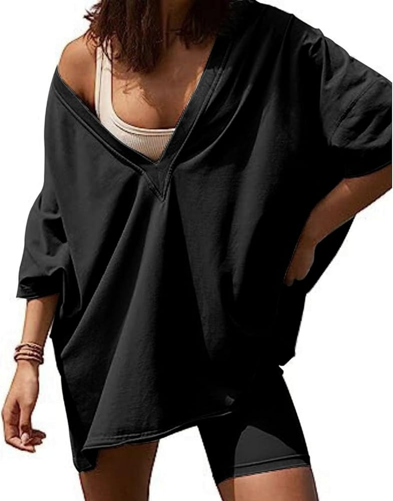Womens 2 Piece Outfits Oversized Hot Shot Reversible set V Neck T Shirt Biker Shorts Workout Sets | Amazon (US)