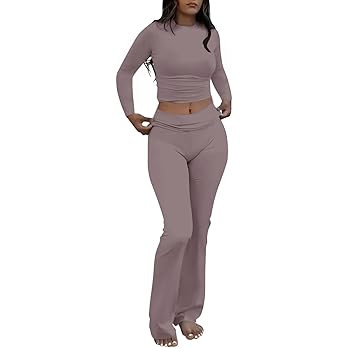 AYWA Women's 2 Piece Outfits Foldover Flare Pants Long Sleeve Crew Neck T-shirt Fitted Pajama Set... | Amazon (US)