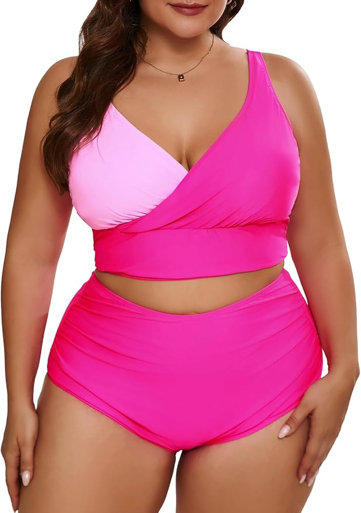 Eytino Womens Plus Size Bikini Sets High Waisted V Neck Bahting Suits Two Piece Color Block Swims... | Amazon (US)