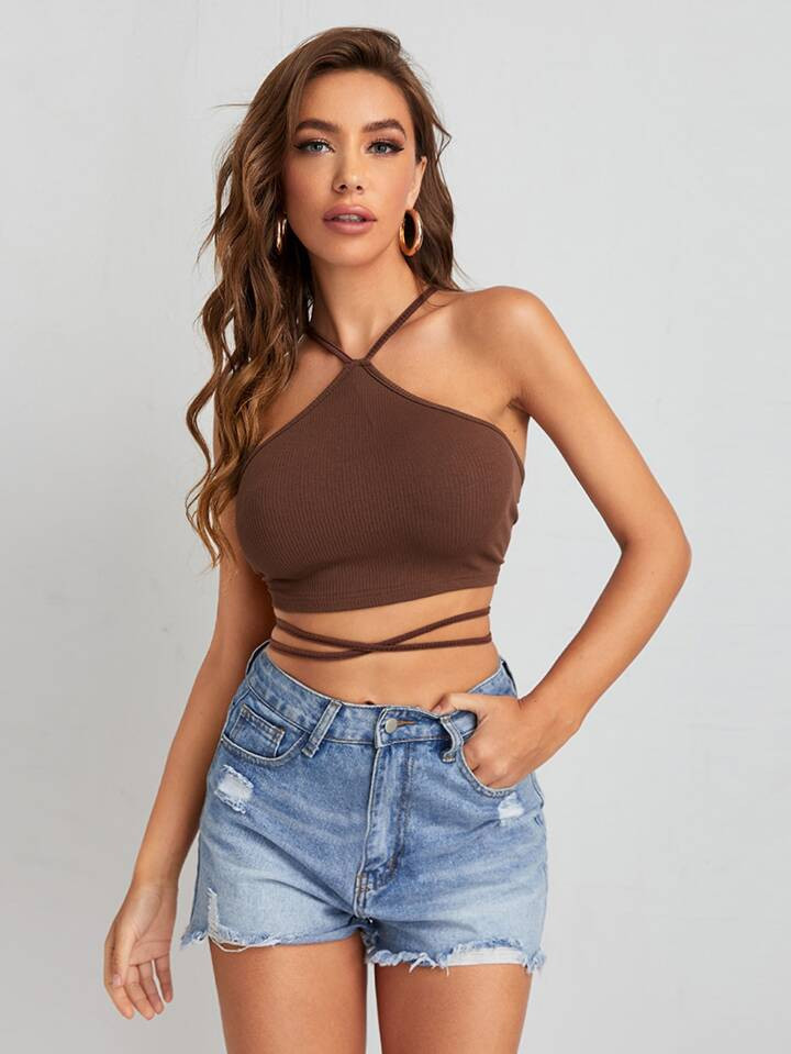 SHEIN BAE Lace Up Backless Crop Halter Top | SHEIN