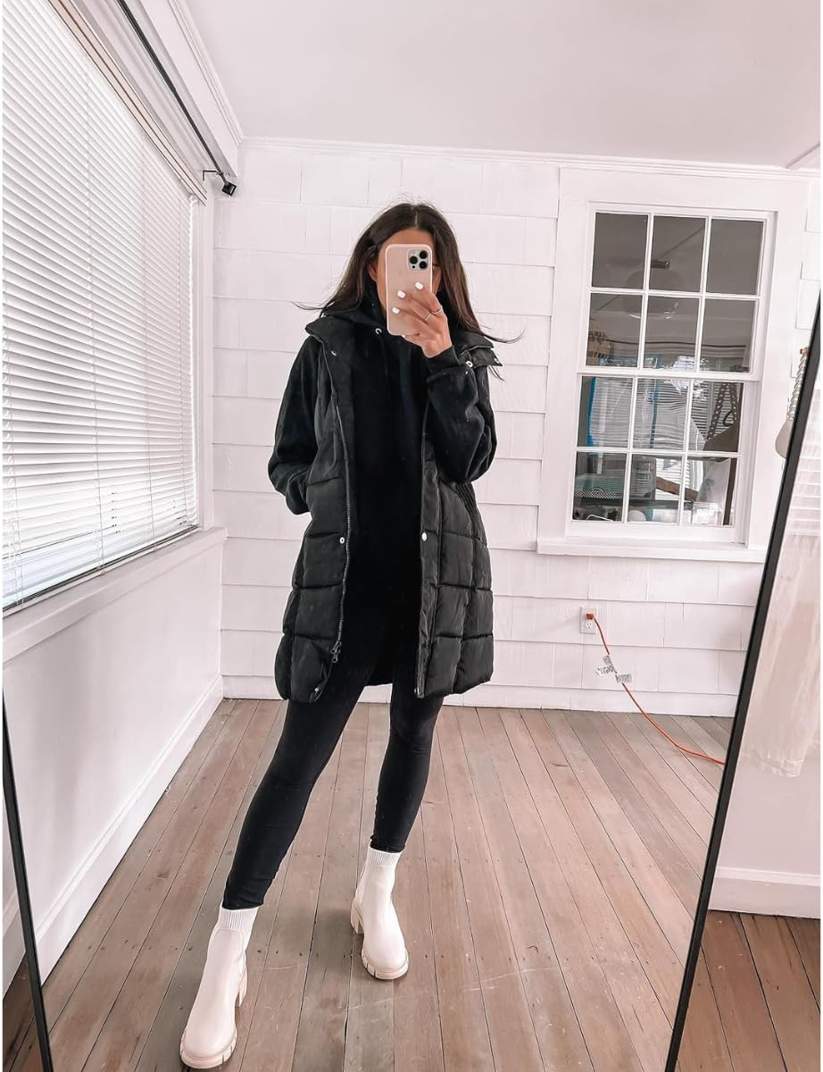 WINTER COAT OUTFIT-Sweatshirt in M ,Vest in XS Leggings in XS ,Boots true to size
 

 #LTKPetite #LTKFindsUnder50