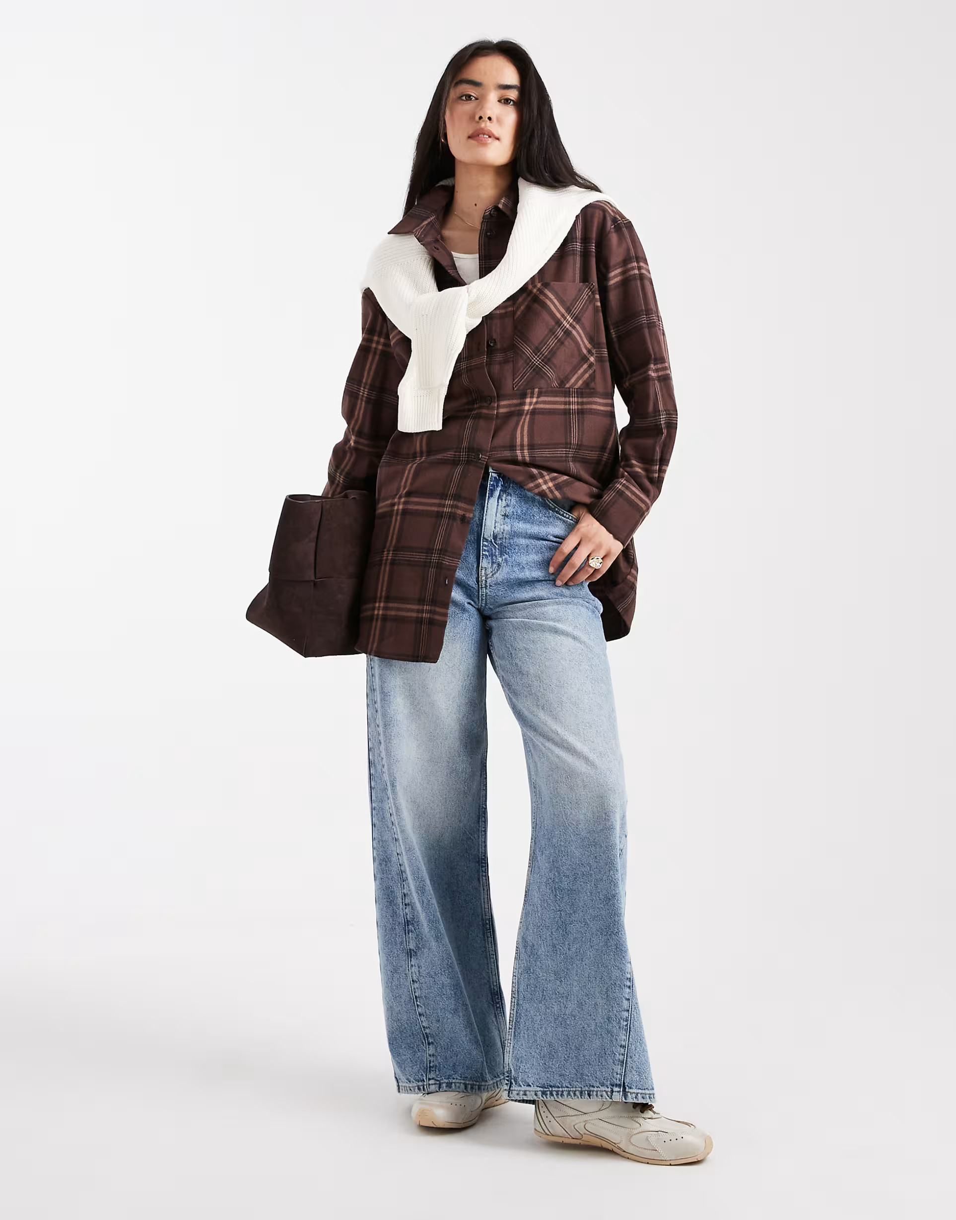 ONLY oversized plaid flannel shirt in brown | ASOS (Global)