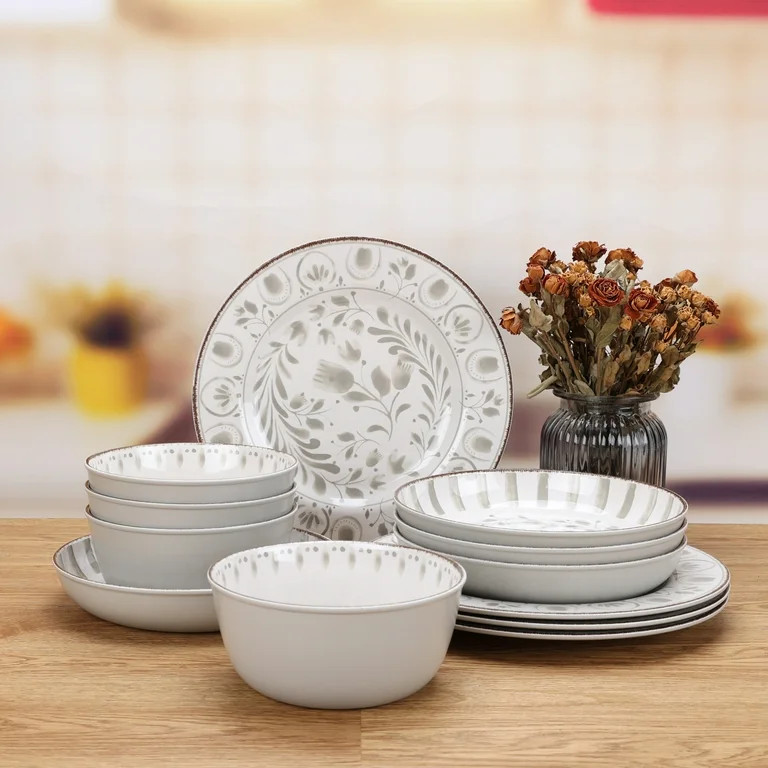 Better Homes & Gardens 12-Piece Bamboo Melamine Dinnerware Set, Grey | Walmart (US)
