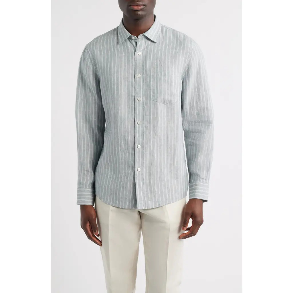 Nordstrom Pinstripe Linen Button-Up Shirt in Blue Spruce Cliff Stripe at Nordstrom, Size Small | Nordstrom